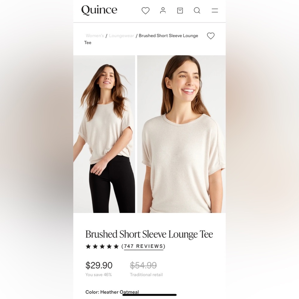 Quince Brushed Short Sleeve Lounge Tee. Women’s Small